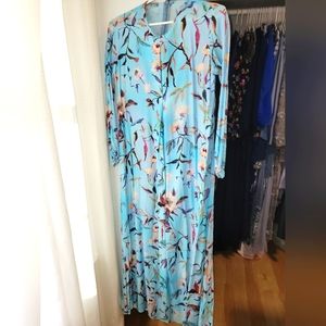 Blue with colorful flowers light fabric long sleeve maxi dress